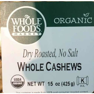 Organic Whole Cashews, Dry Roasted, No Salt