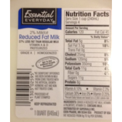 Reduced Fat Milk, Pasteurized