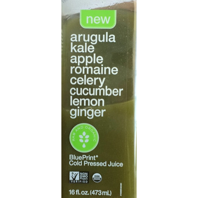 Cold Pressed Juice, Arugula Kale Apple Romaine Celery Cucumber Lemon Ginger