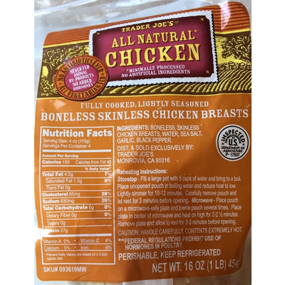 Calories In All Natural Chicken Boneless Skinless Chicken Breasts From Trader Joe S