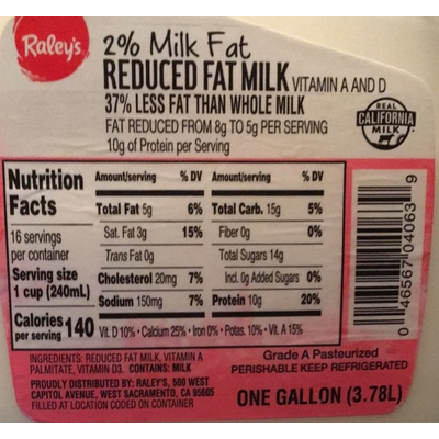 2% Milk Fat Reduced Fat Milk