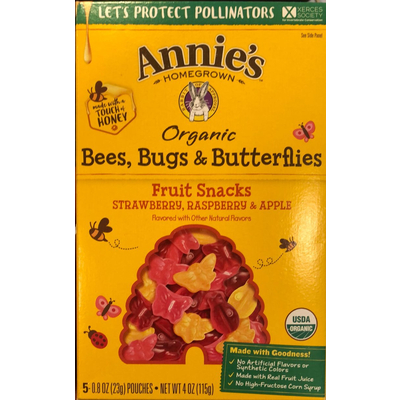 Organic Bees, Bugs & Butterflies Fruit Snacks, Strawberry, Raspberry & Apple