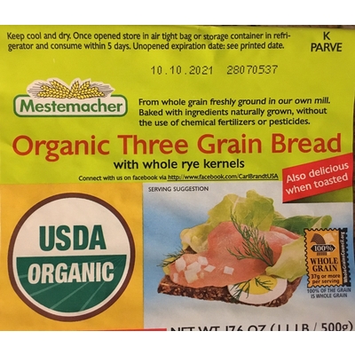 Organic Three Grain Bread With Whole Rye Kernels